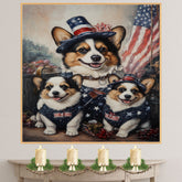 Mother Corgi and Her Two Puppies Dressed in American Flag Outfits with Patriotic Hats and a Rustic Flag Background on Ready to Hang 1.5" Thick Canvas Wrap, Floating Framed Canvas, Flat Rolled Canvas